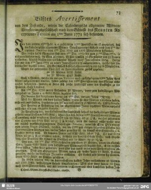 Eilftes Avertissement von dem Zustande, worin die Calenbergische allgemeine Witwen-Verpflegungsgesellschafft nach dem Schlusse des Neunten Receptions-Termini den 1ten Junii 1771 sich befunden : [Hannover, den 9ten August 1771. Im Fürstenthum Calenberg verordnete Land- und Schatz-Räthe, auch Schatz-Deputirte]