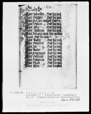 Deutsches Gebetbuch (Waldburg-Gebetbuch) — Litaneiseite mit Initiälchen S und Randornamentik, Folio 67recto