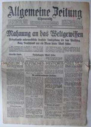 Regionale Tageszeitung "Allgemeine Zeitung" zur Rede Hitlers vor dem Reichstag