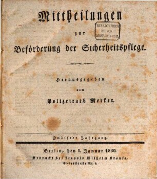 Mittheilungen zur Beförderung der Sicherheitspflege, 12. 1830