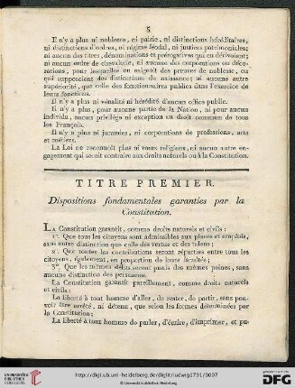 Titre premier: Dispositions fondamentales garanties par la Constitution
