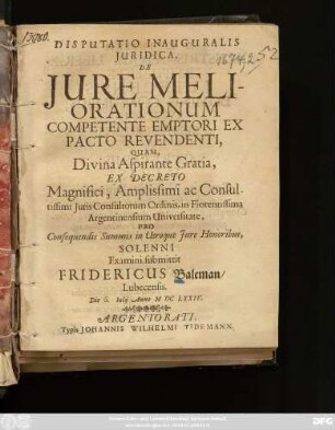Disputatio Inauguralis Iuridica, De Iure Meliorationum Competente Emptori Ex Pacto Revendenti