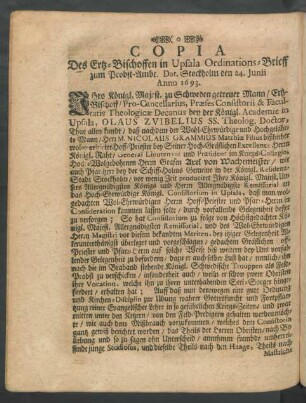 Copia Des Ertz-Bischoffen in Upsala Ordinations Brieff ...