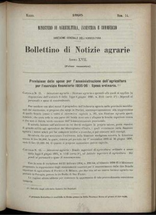 Previsione delle spese per l' amministrazione dell' agricoltura per l' esercizio finanziario 1895-96 - Spesa ordinaria.