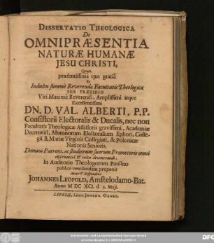 Dissertatio Theologica De Omnipraesentia Naturae Humanae Jesu Christi