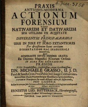 Mich. Grassi Praxis antiquo-moderna actionum forensium : in specie nativarum et dativarum seu utilium ex aequitate