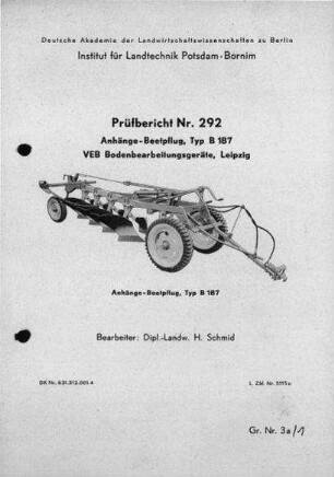 Anhänge-Beetpflug, Typ B 187