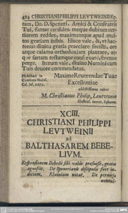 XCIII. Christiani Philippi Leutweinii ad Balthasarem Bebelium