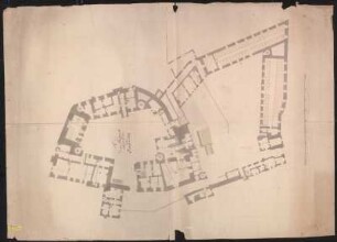 Colditz, Schloss. Grundriss Erdgeschoss : Colditz, Schloss. Grundriss des Erdgeschosses, teilweise mit Raumbezeichnungen, unbekannter Zeichner, 18. Jh. Feder, Pinsel in Wasserfarbe/Papier. 119,8 x 86,3 cm. Bez.: "1. Unter Stockwerck auff der Erde vom Schloß Colditz."; Blattrückseite: "9 Blatt - das Schloß zu Kolditz" und "12099" (Tinte) sowie "166." (Rötel). Maßstab mit Maßeinheit "Ellen" (80 Ellen=31,3 cm).