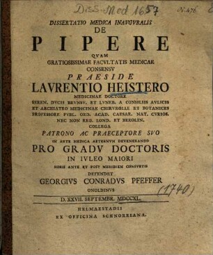 Dissertatio Medica Inavgvralis De Pipere