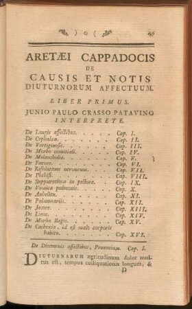 Aretaei Cappadocis De Causis Et Notis Diuturnorum Affectuum. LiberPrimus