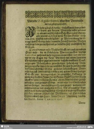 Vorrede D. Ægidii Hunnii, uber den Unterricht an den günstigen Leser