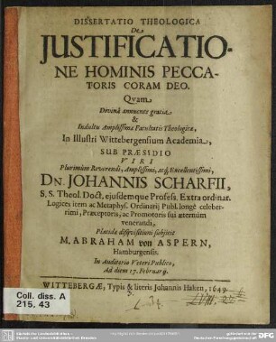 Dissertatio theologica de justificatione hominis peccatoris coram deo