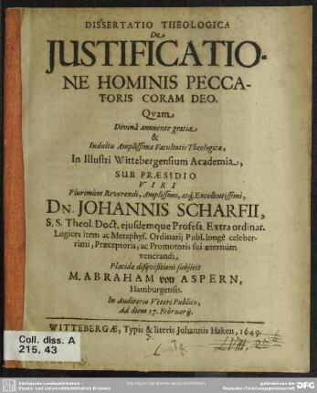 Dissertatio theologica de justificatione hominis peccatoris coram deo