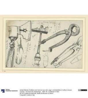 Breitbeil und Hammer aus dem Jagd- und Arbeitstisch Kurfürst Johann Georgs I. von Sachsen, Beißzange, Historisches Museum, Dresden