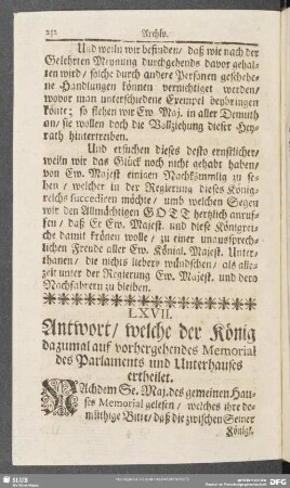 LXVII. Antwort, welche der König dazumal auf vorhergehendes Memorial des Parlaments und Unterhauses ertheilet