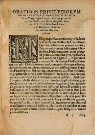 Oratio Privilegiorvm Ab Imperatoria Maiestate, Academiae Marpurgensi impetratorum promulgatione habita, Vicesima Augusti, Anno 1541