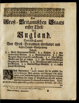 Des Groß-Britannischen Staats erster Theil/ Von England.