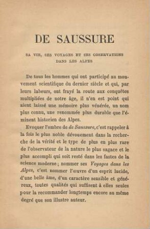 De Saussure : sa vie, ses voyages et ses observations dans les Alpes