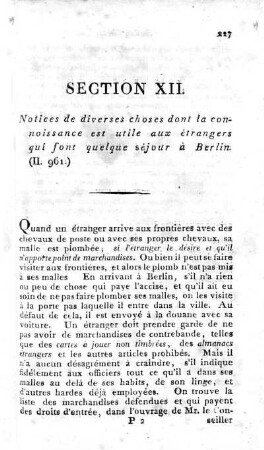 Section XII. Notices des diverses choses dont la connoissance est utile aux étrangers qui font quelque séjour à Berlin. (II. 961)
