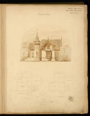 Villa Monatskonkurrenz Februar 1875: Grundriss Erdgeschoss, Obergeschoss, Aufriss Seitenansicht; 2 Maßstabsleisten