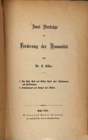 Zwei Vorträge zur Förderung der Humanität