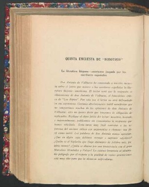 Quinta encuesta de "Nosotros" : La literatura hispano-americana juzgada por los escritores españoles