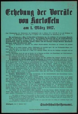"Erhebung der Vorräte von Kartoffeln am 1. März 1917" in Stuttgart