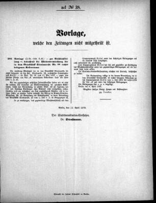 Anlage: ad No.38, Vorlage, welche den Zeitungen nicht mitgeteilt ist