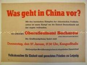Maueranschlag mit Ankündigung einer Veranstaltung des Leipziger Volkskomitees über China