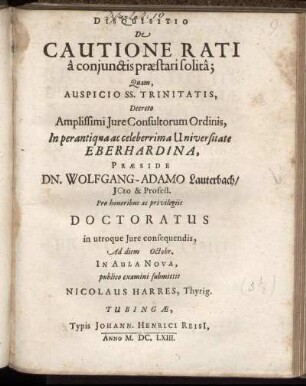 Disquisitio De Cautione Rati a coniunctis praestari solita