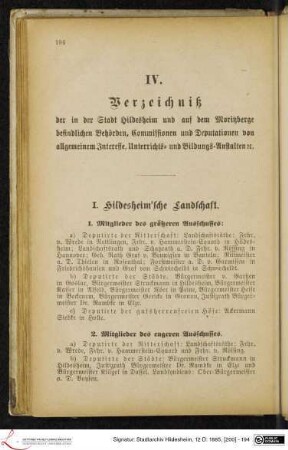 IV. Verzeichniß der in der Stadt Hildesheim und auf dem Moritzberge befindlichen Behörden, Commissionen und Deputationen von allgemeinem Interesse, Unterrichts- und Bildungs-Anstalten etc.