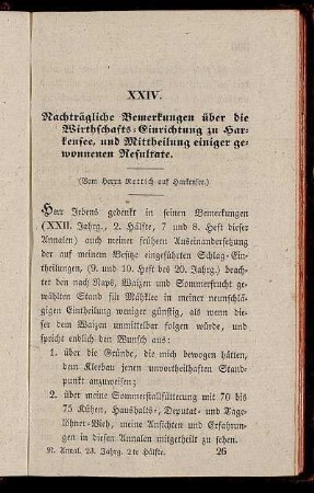 XXIV. Nachträgliche Bemerkungen über die Wirthschafts-Einrichtung zu Harkensee, und Mttheilung einiger gewonnenen Resultate