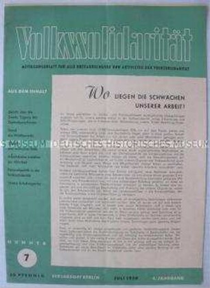 Mitteilungsblatt für Funktionäre der Volkssolidarität u.a. zur Tagung des Zentralausschusses