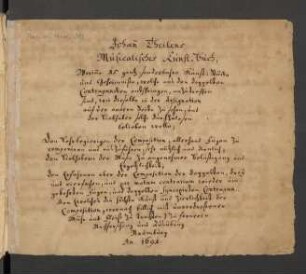 Johann Theilens | Musicalisches Kunst=Buch | Worinne 15 gantz sonderbare Kunst=Stücke | und Geheminisse, welche aus den doppelten | Contrapuncten entspringen, anzuteffen sind [...] Naumburg | An. 1691