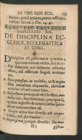 Disputatio XIX. De Disciplina Ecclesiae, Ecclesiastica Et Civili.