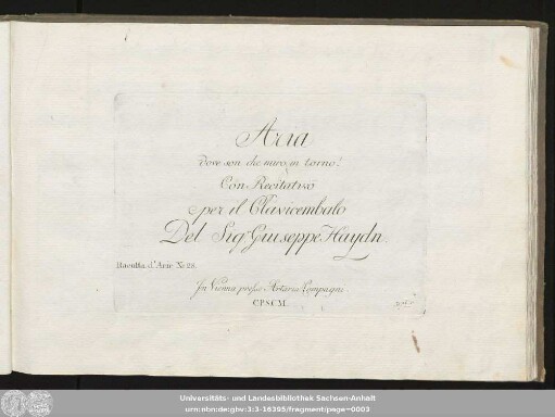 Aria dove son che miro in torno! Con Recitativo per il Clavicembalo : Racolta d'Arie No 28.