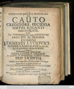 Dissertatio Juirdica [!] Inavgvralis De Cauto Creditore, Pecunia Mutua Roganti Subveniente