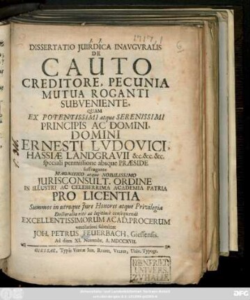 Dissertatio Juirdica [!] Inavgvralis De Cauto Creditore, Pecunia Mutua Roganti Subveniente