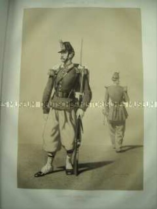 Uniformdarstellung, Gemeiner und Offizier der Afrikanischen Leichten Infanterie, Frankreich, 1859. Tafel 17 im Buch: Armand-Dumaresq: Uniformes de l'Armée Française.