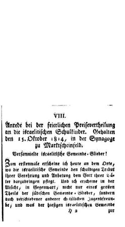 Anrede bei der feierlichen Preisevertheilung an die israelitischen Schulkinder. Gehalten den 15. Oktober 1814, in der Synagoge zu Marktscheinfeld