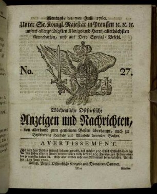 No. 27. Montags, den 7ten Julii 1760.