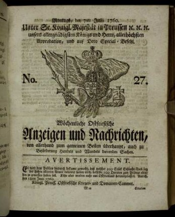 No. 27. Montags, den 7ten Julii 1760.