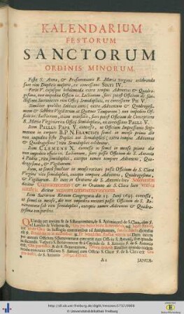 Kalendarium Festorum Sanctorum Ordinis Minorum.
