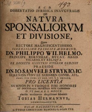 Dissertatio Ivridica Inavgvralis De Natvra Sponsaliorvm Et Divisione