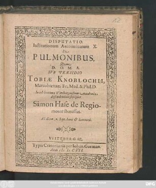 Disputatio Institutionum Anatomicarum X. De Pulmonibus