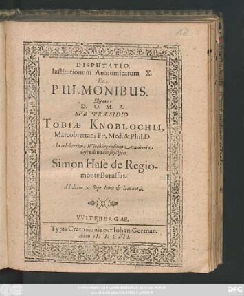 Disputatio Institutionum Anatomicarum X. De Pulmonibus