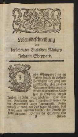 Lebensbeschreibung des berüchtigten Englischen Räubers Johann Sheppard.