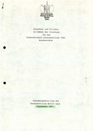 Bibliographie: Gutachten und Projekte der Forschung zur IBA 1984