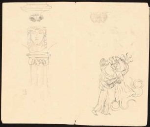 Gefäße, Kronleuchter, Ornament- und Gebäudedetails: Vier Ansichten antiker Henkel- und Urnengefäße, Ornamentfriese (Kymathion, Anthemion etc.) und zahlreiche weitere Ornamentdetails, Kronleuchter, Frauenbrustbild